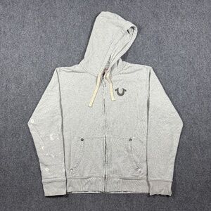 True Religion World Tour Logo Hoodie Mens 3XL Gray Zip Up Distressed 0199